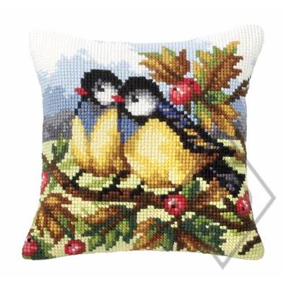 COUSSIN PT DE CROIX EN KIT 40 X 40 CM - DEUX OISEAUX DANS LES ARBRES