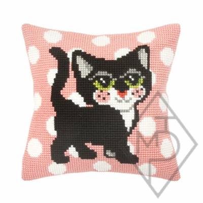 COUSSIN POINT DE CROIX EN KIT 40 X 40 CM - PETIT CHAT AUX POIS