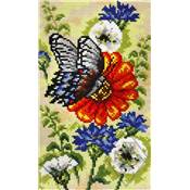 KIT TAPIS SUR CANEVAS IMPRIME 40 X 67 CM - PAPILLON SUR FLEUR ORANGE