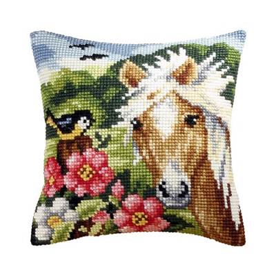 COUSSIN PT DE CROIX EN KIT 40 X 40 CM - LE PONEY ET L'OISEAU