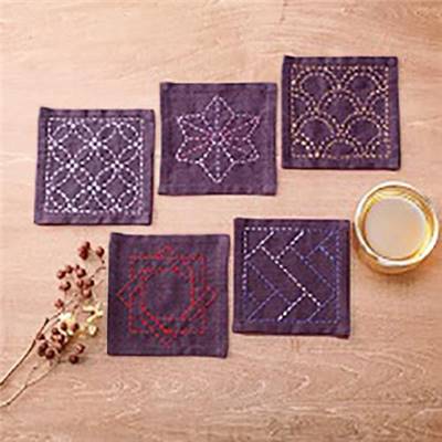 KIT OLYMPUS SASHIKO 3 LOTS DE 5 CARRES TSUMUGI A BRODER - POURPRE